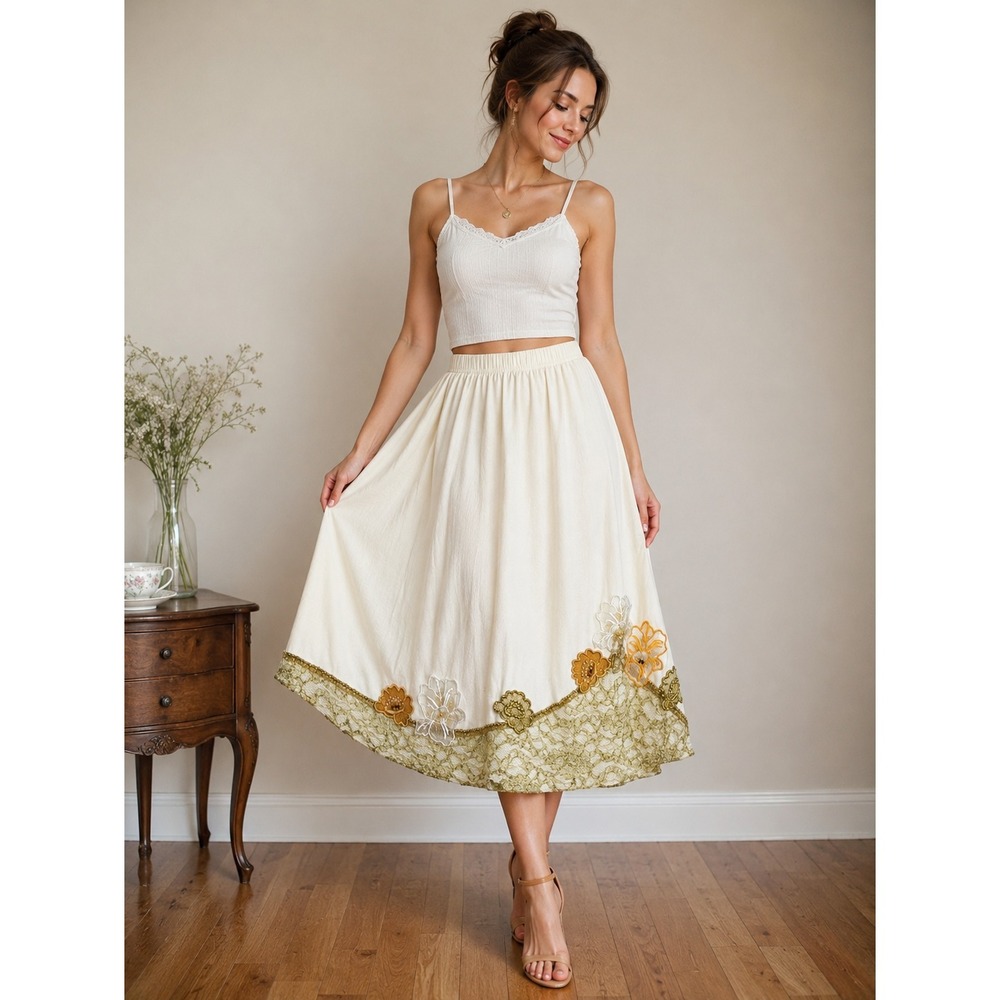 VTG Womens M Artsy Floral Lace Skirt Romantic Fairycore Cottagecore Whimsical